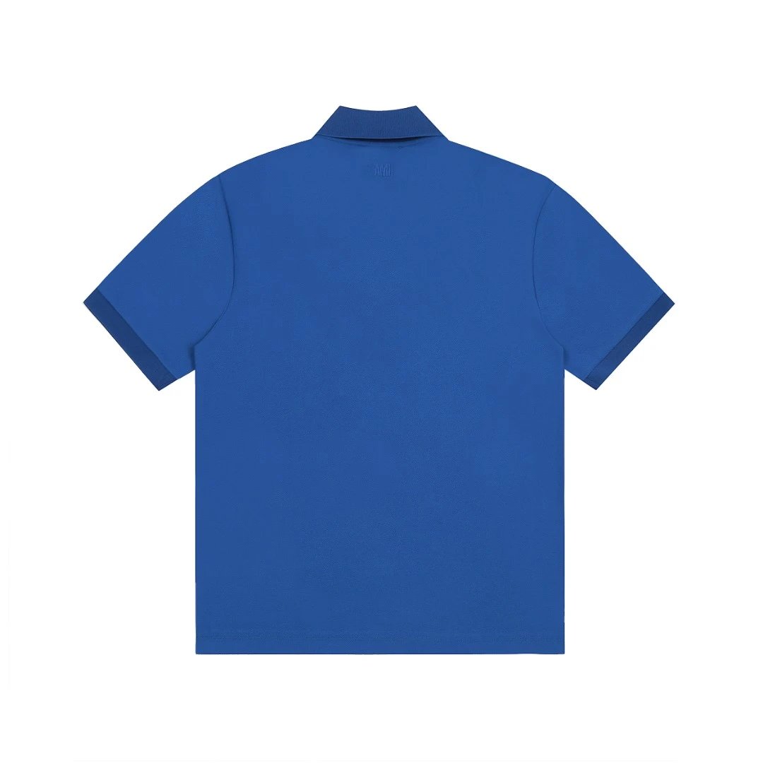 AMI Men Blue Polo Shirt Cotton Red Heart Logo