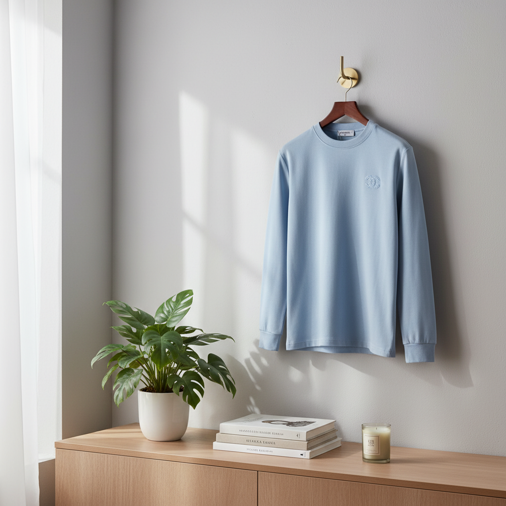 CHANEL Soft Blue Cotton Logo Hoodie Pullover Sweater