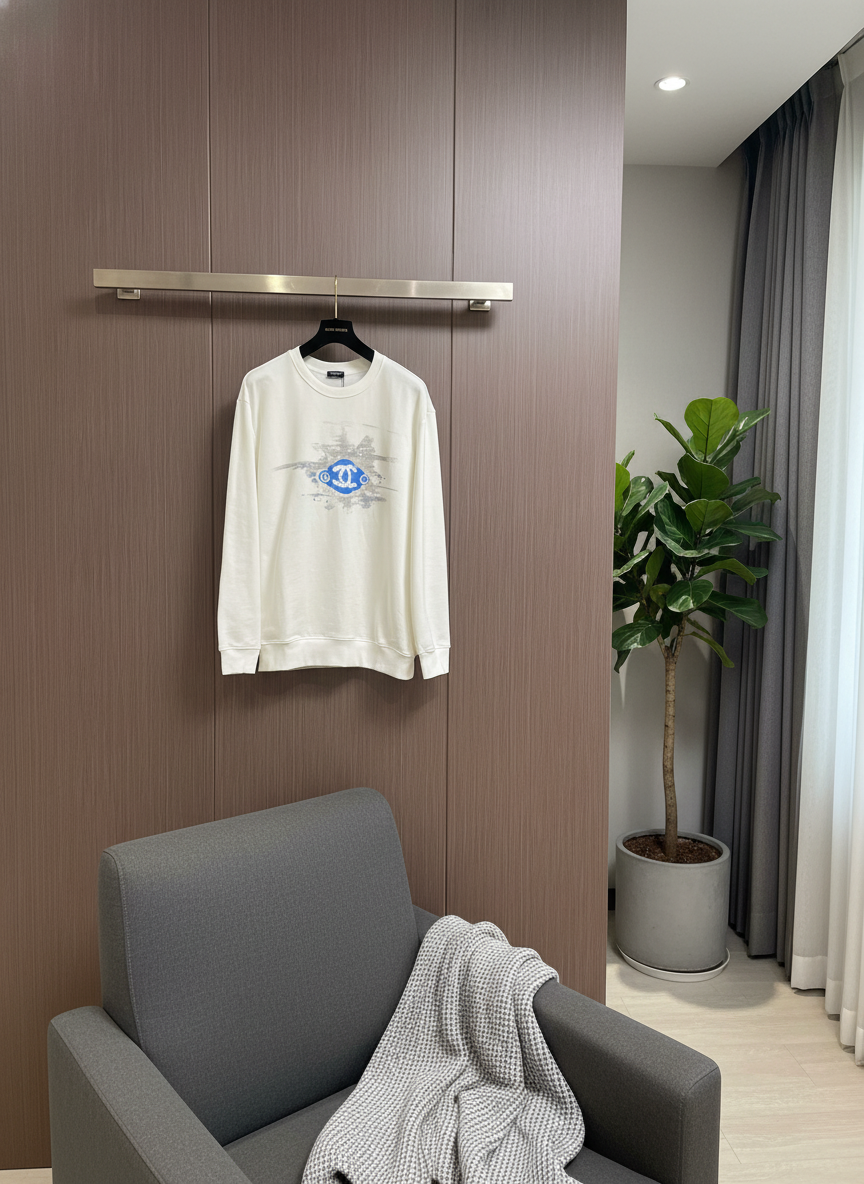 CHANEL White Hoodie Blue Logo Sweatshirt