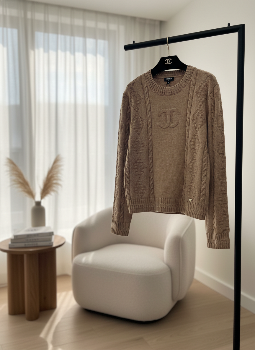 CHANEL Beige Knit Sweater Women’s Logo Cable Jumper
