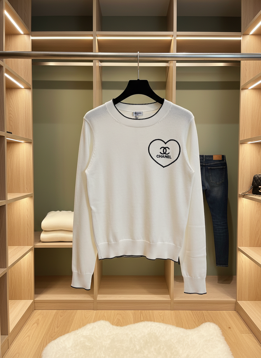 CHANEL White Heart Knit Hoodie Women Fashion Sweater