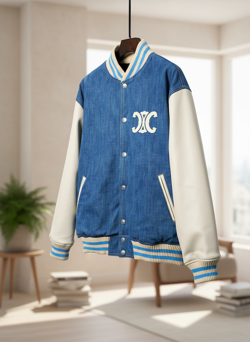 CELINE Denim Varsity Jacket Blue White Unisex Streetwear
