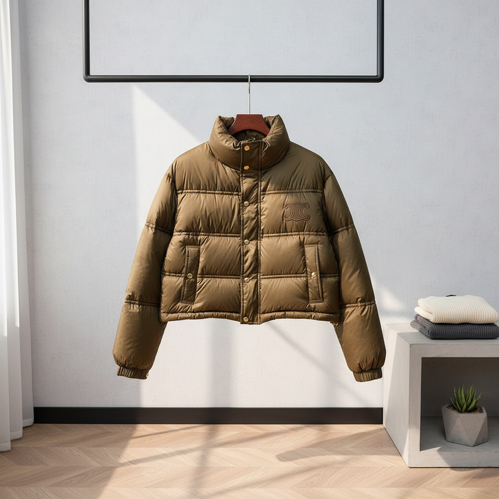 CELINE Women’s Cropped Puffer Jacket Brown Winter Coat