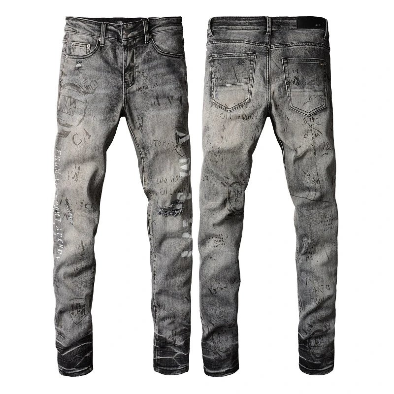 AMIRI Distressed Gray Graffiti Skinny Jeans Men