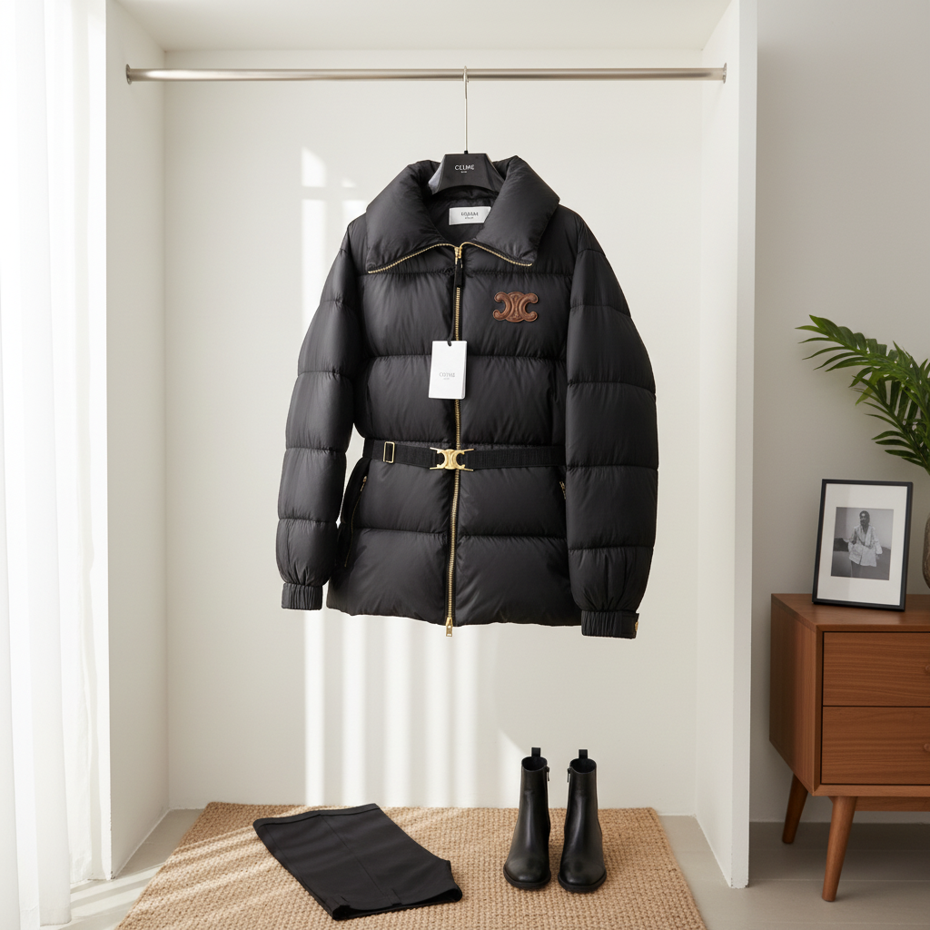 CELINE Black Belted Down Jacket Triomphe Logo