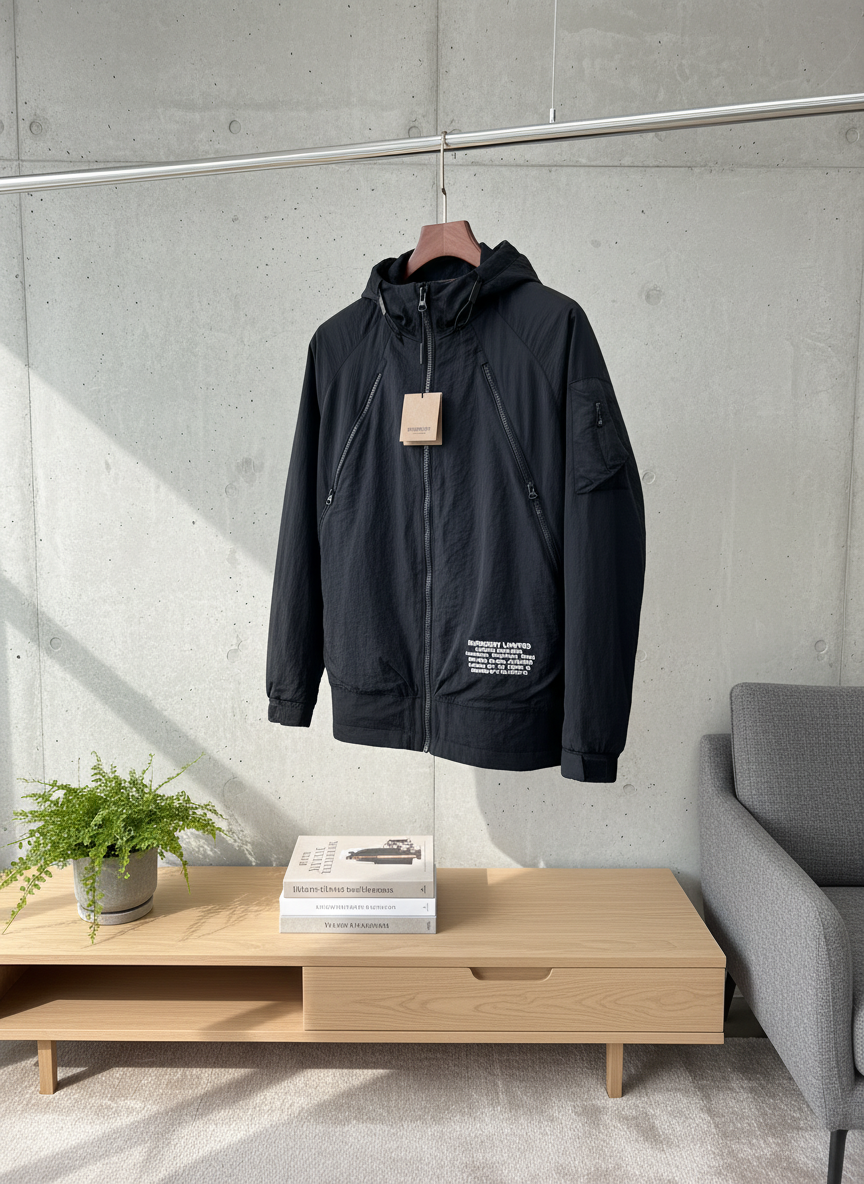 Burberry Men Black Hooded Windproof Jacket Autumn Winter