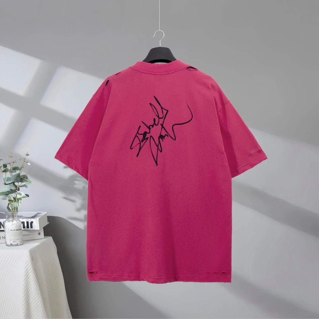 Balenciaga Red Oversized Graphic Distressed Cotton T-Shirt