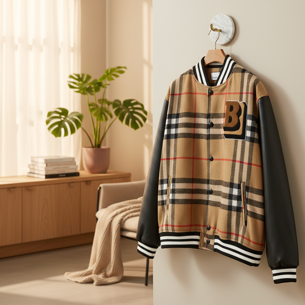 Burberry Check Wool Leather Varsity Jacket