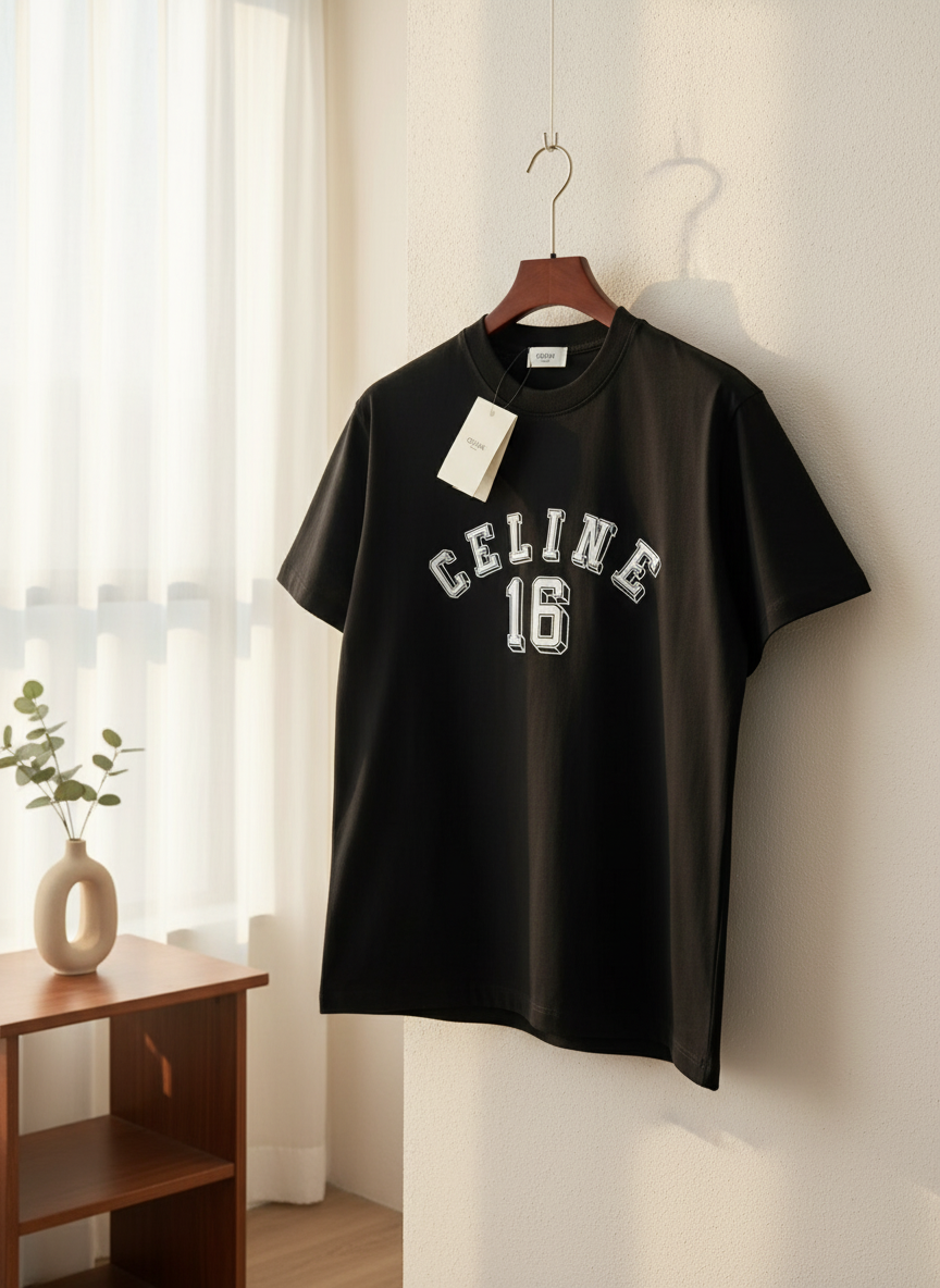 CELINE 16 Logo Black Cotton Unisex T-Shirt