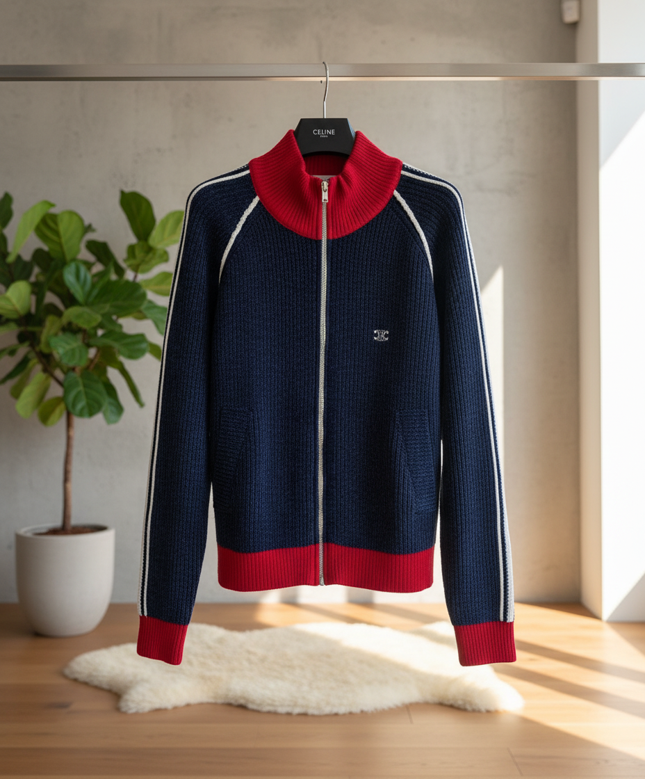 CELINE Knit Zip Jacket Red Trim Navy Beige
