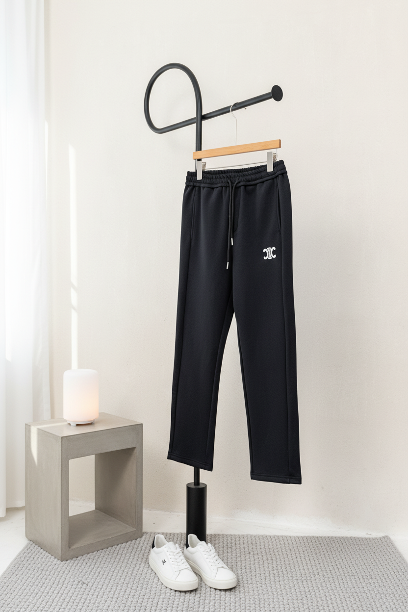 CELINE Black Cotton Blend Men’s Drawstring Casual Pants
