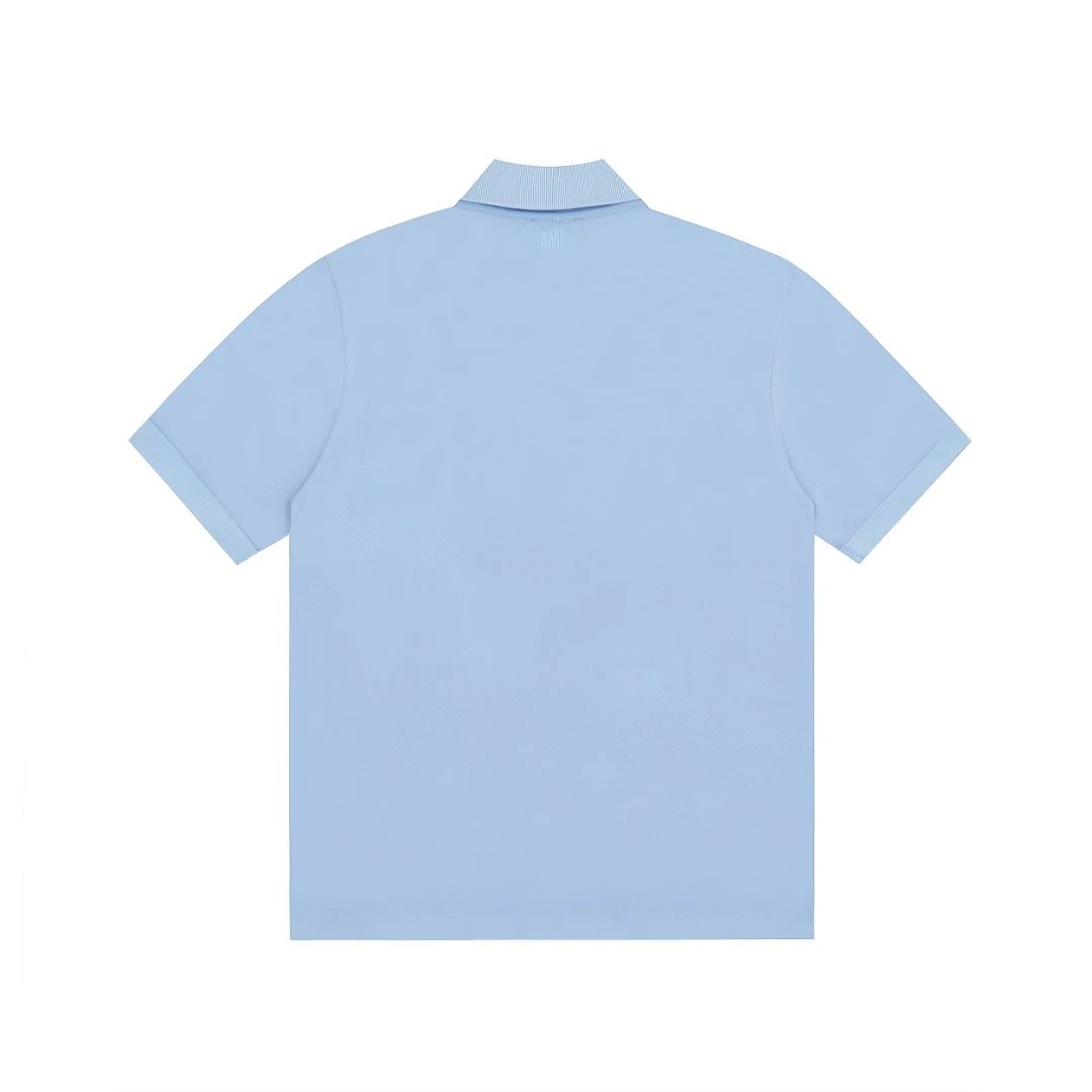 AMI Men Light Blue Polo Shirt Red Heart Logo