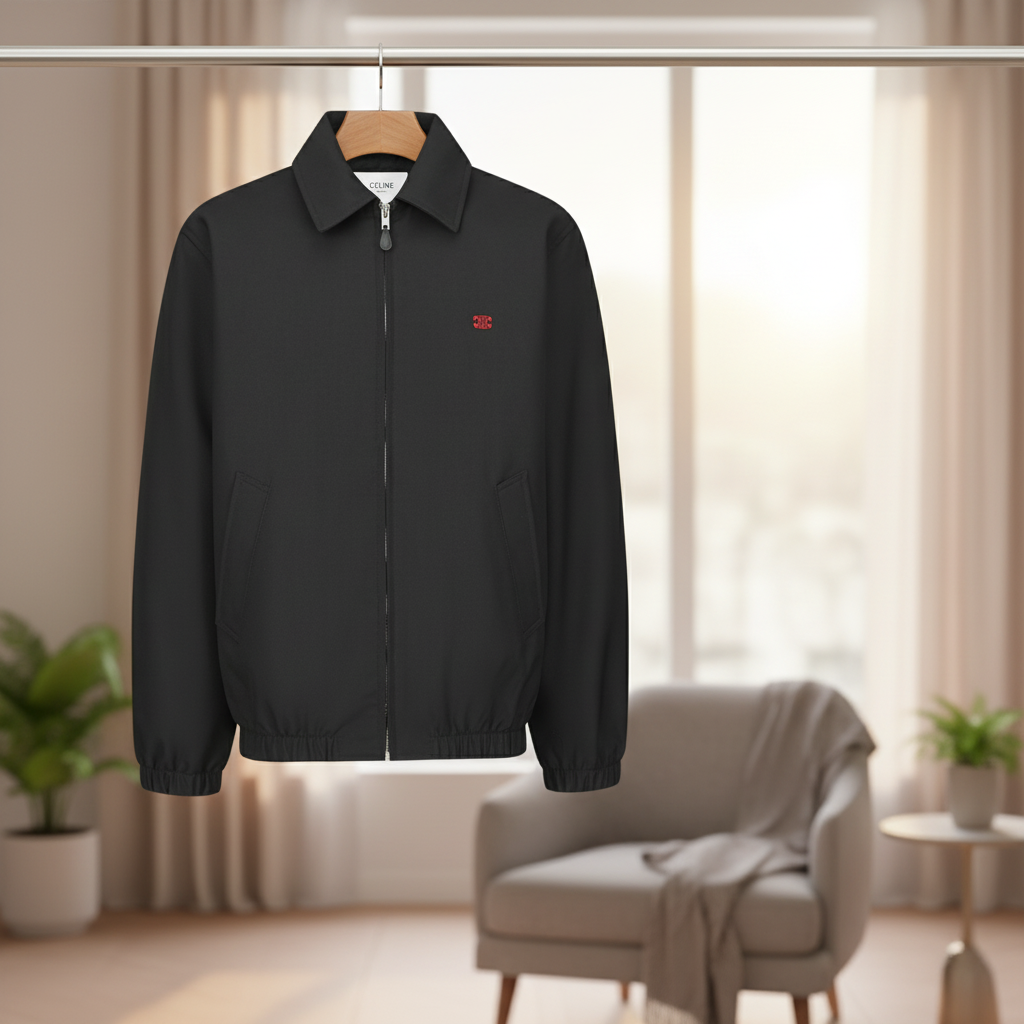CELINE Black Zip-Up Jacket Red Logo Urban Style
