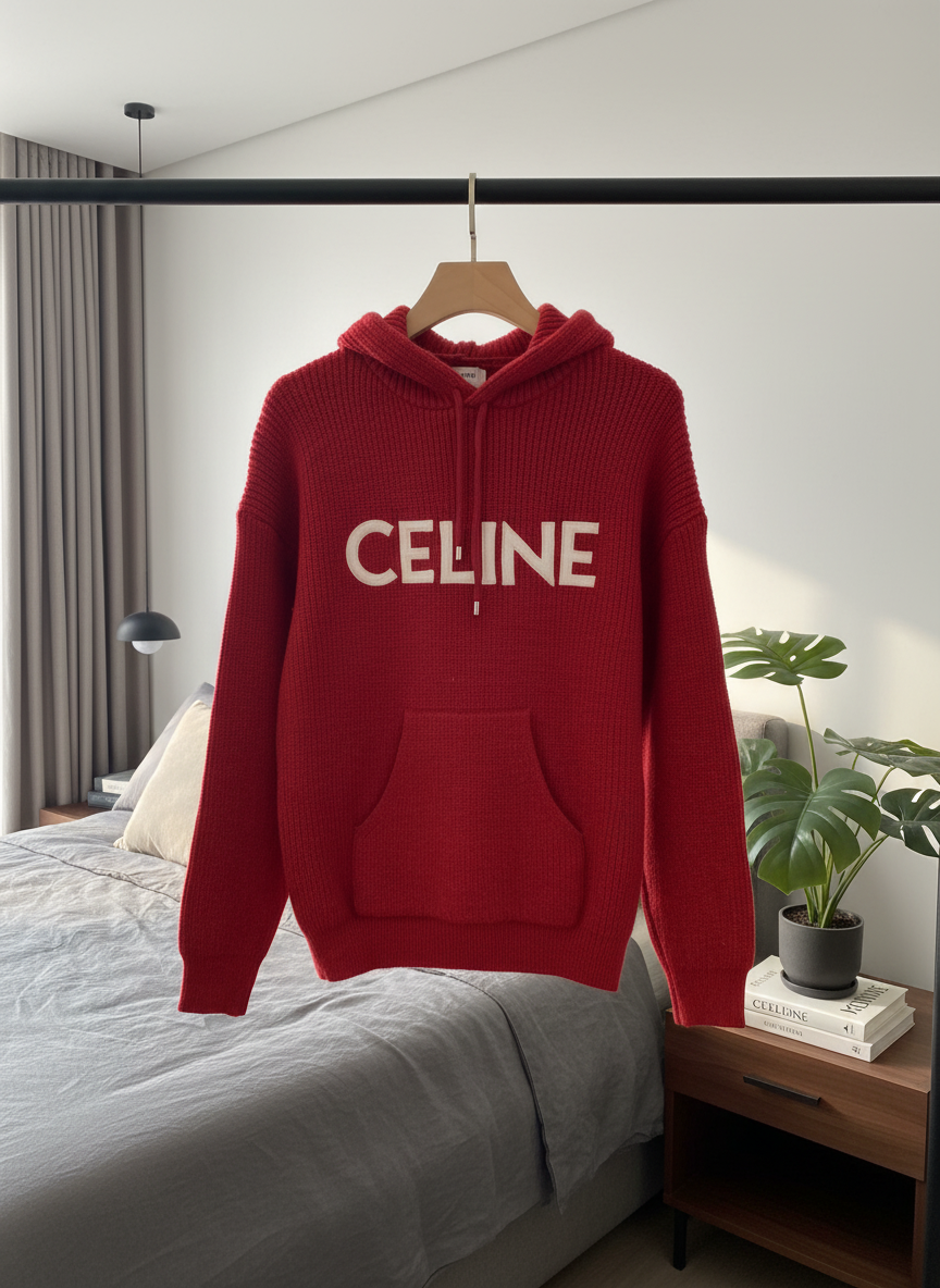 CELINE Red Knit Hoodie Unisex Casual Sweatshirt