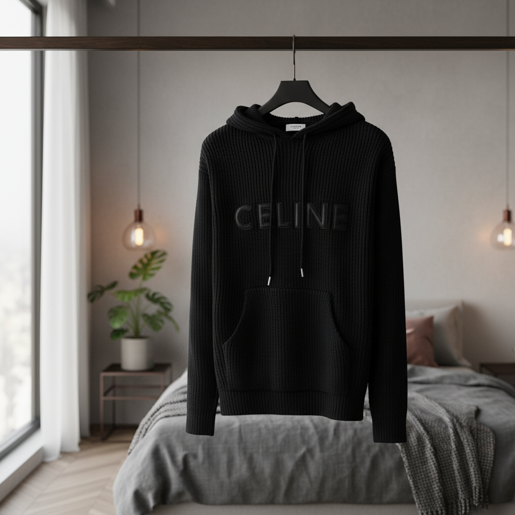 CELINE Black Knit Logo Hoodie Men’s Streetwear Pullover