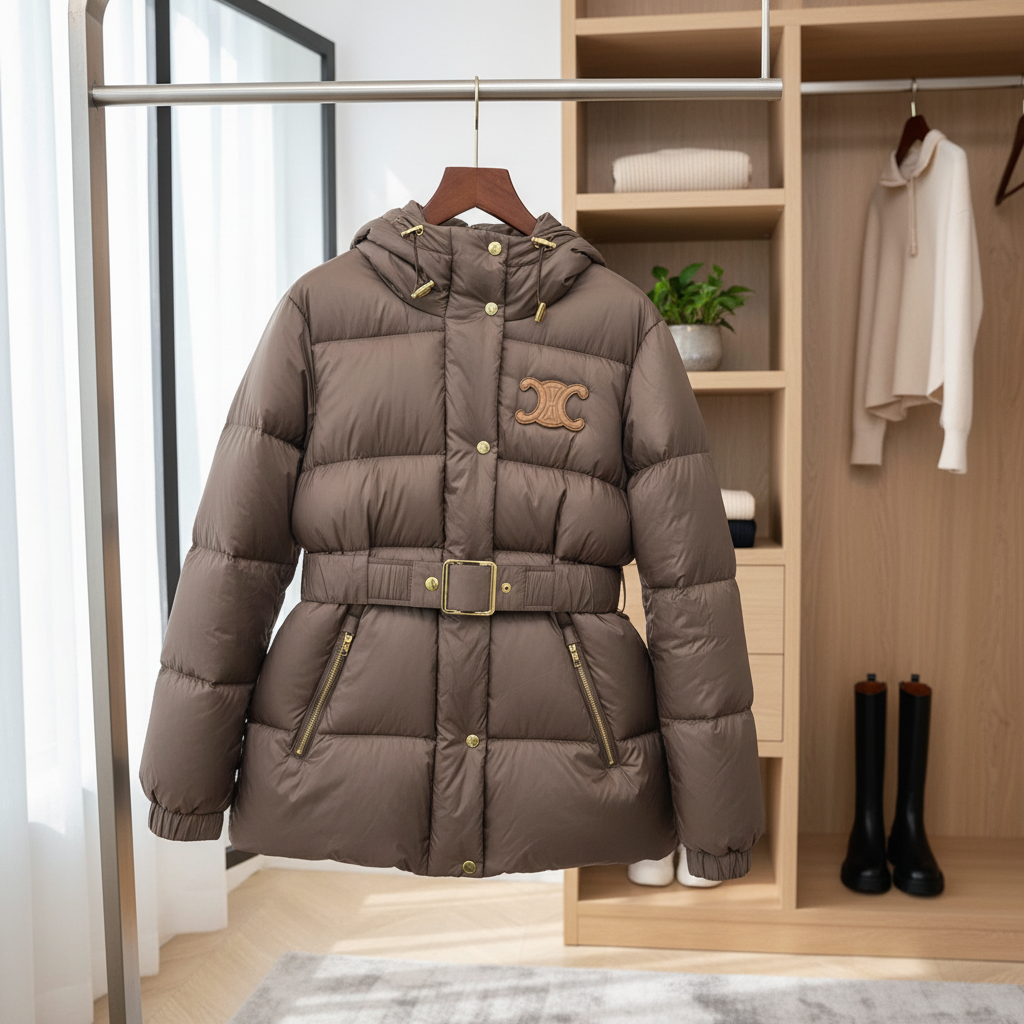 CELINE Women Brown Hooded Down Jacket Belted Coat