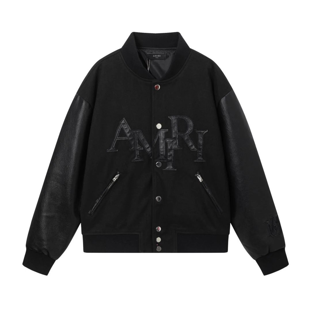 AMIRI Black Leather Sleeve Varsity Jacket Men Fashion