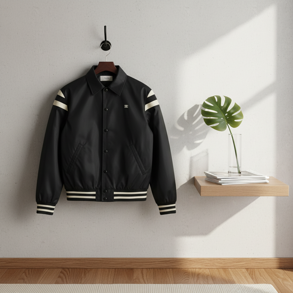 CELINE Black Varsity Jacket Men Logo Striped Trim