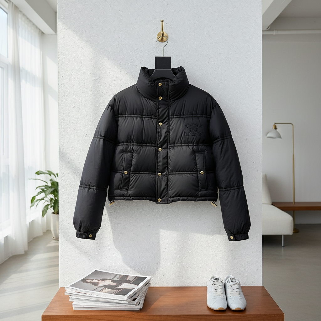 CELINE Black Cropped Puffer Jacket Gold Buttons