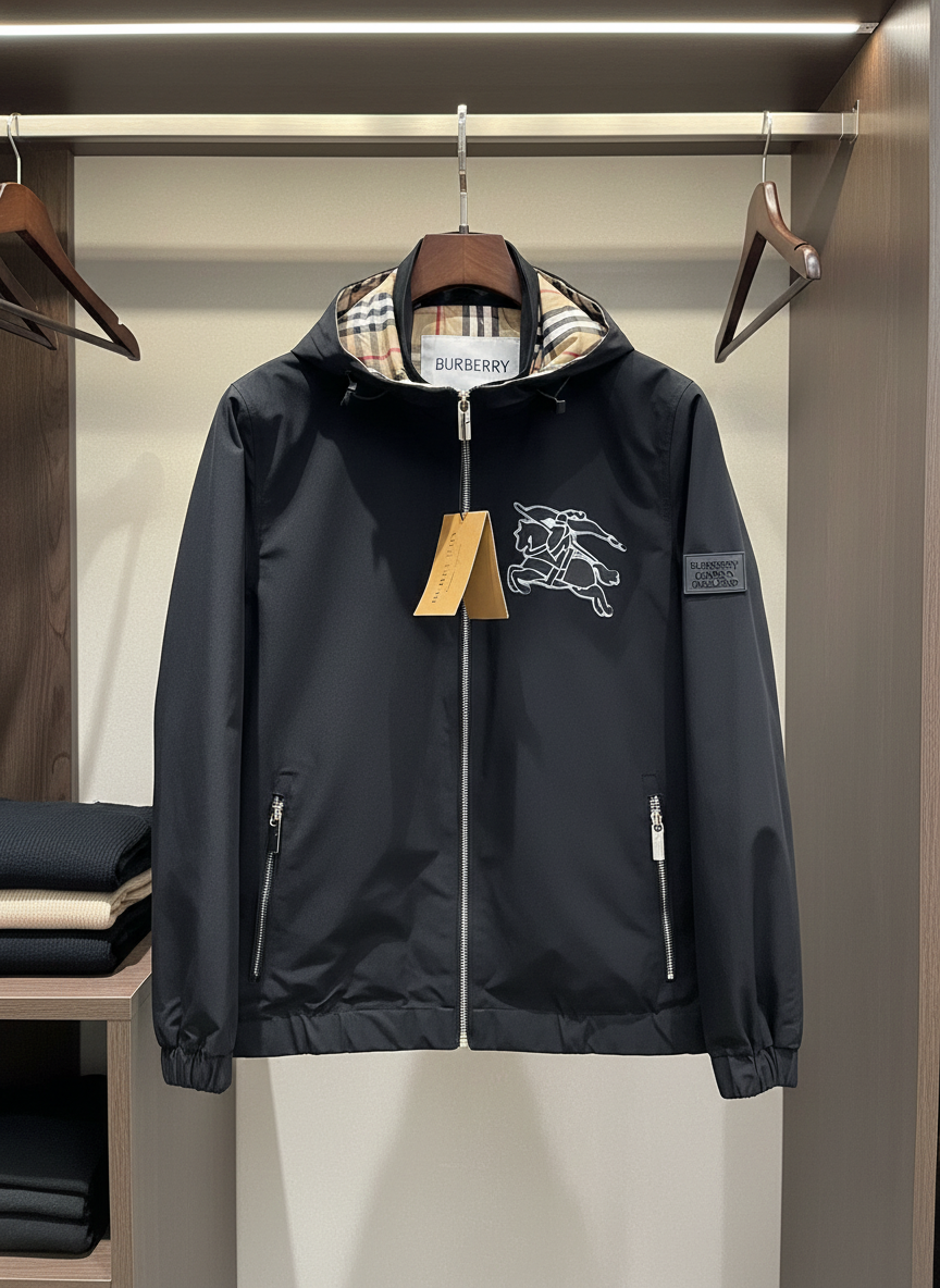 Burberry Black Hooded Jacket Men Classic Check