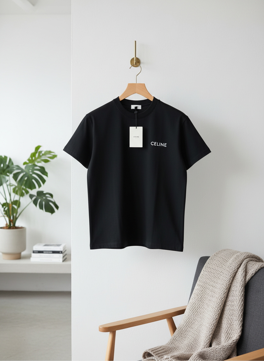 CELINE Black Cotton Logo T-Shirt Unisex Casual Top