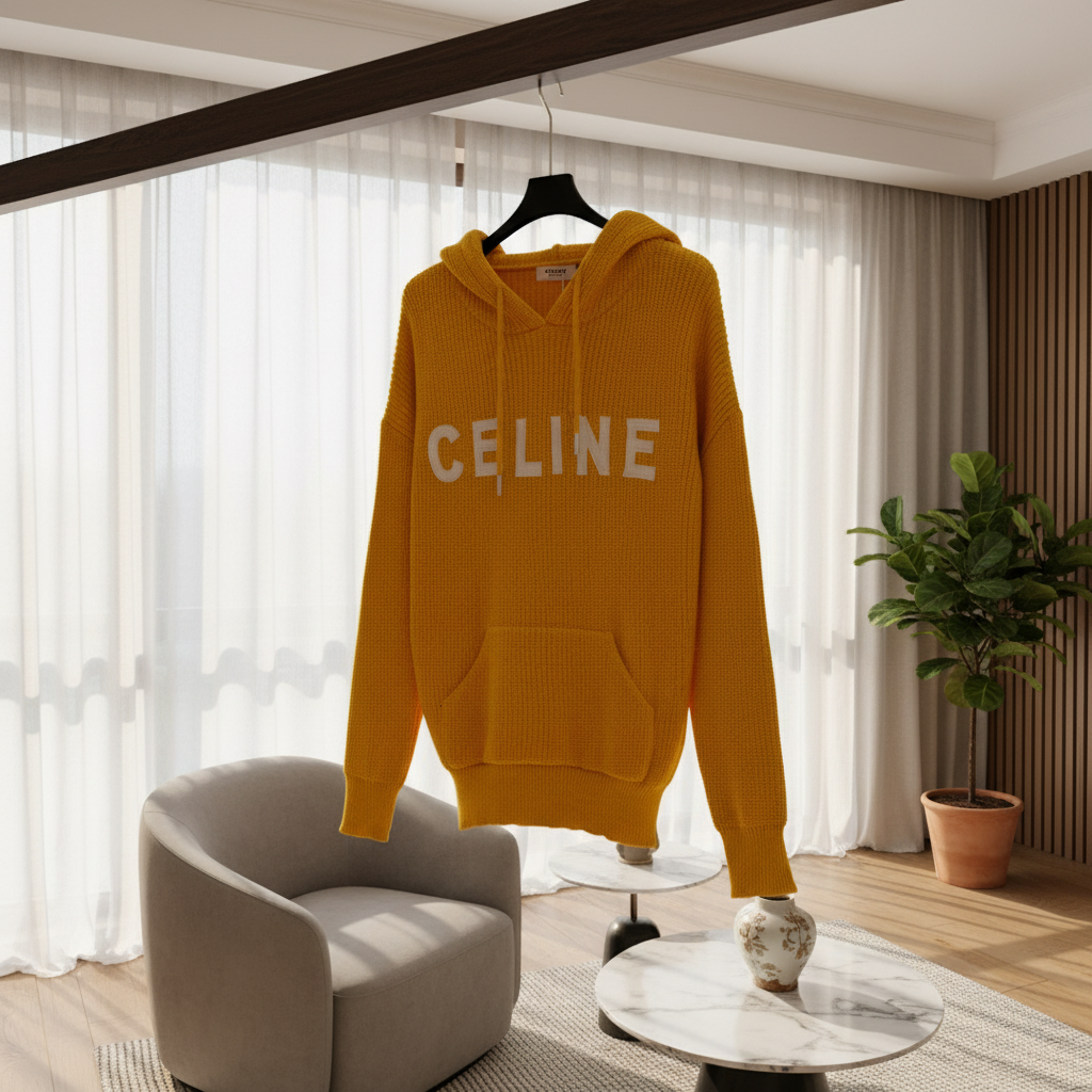 CELINE Unisex Yellow Knit Hoodie Streetwear Pullover
