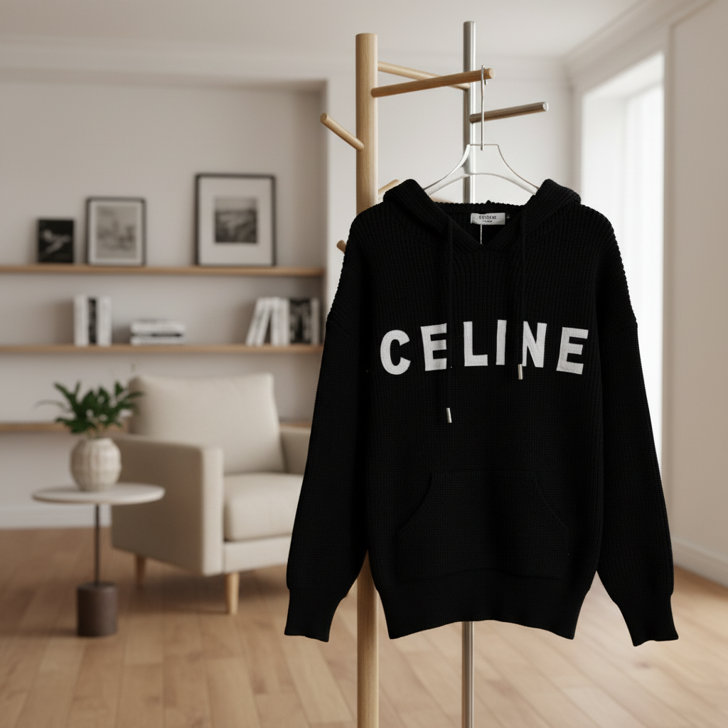 CELINE Black Logo Hoodie Unisex Luxury Cotton Pullover