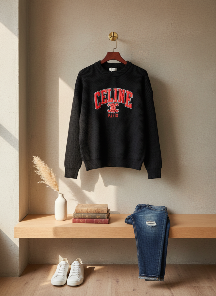 CELINE Paris Black Hoodie Red Logo Sweatshirt Unisex