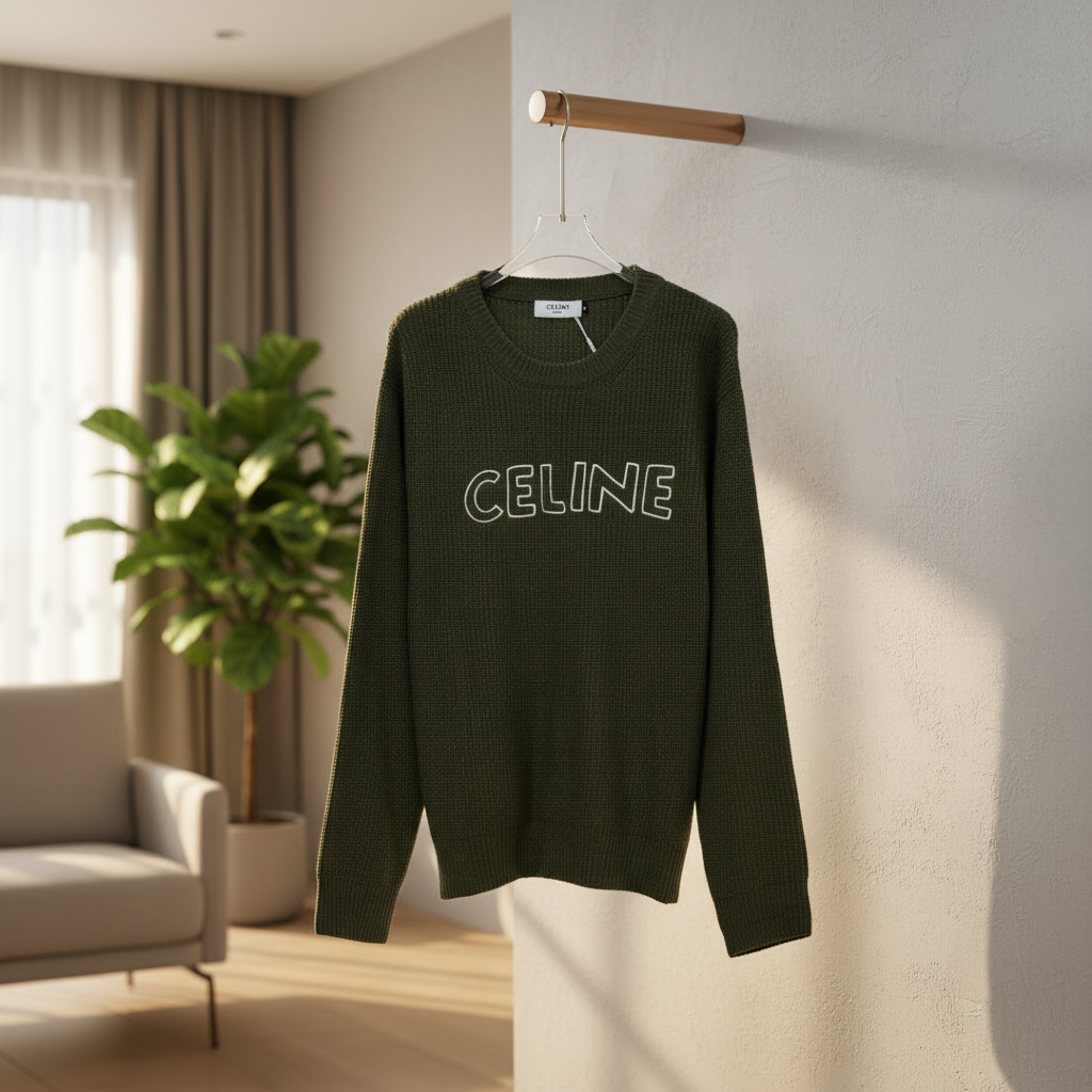 CELINE Logo Knit Unisex Hoodie Green Sweater