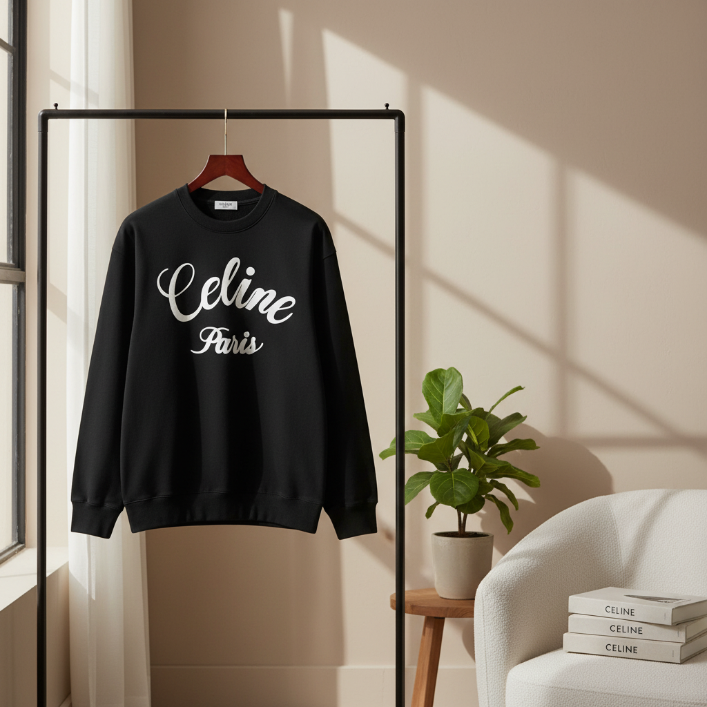 CELINE Paris Black Logo Cotton Hoodie Unisex Pullover