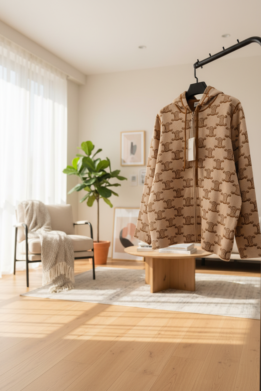 CELINE Beige Monogram Zip Hoodie Unisex Luxury Jacket