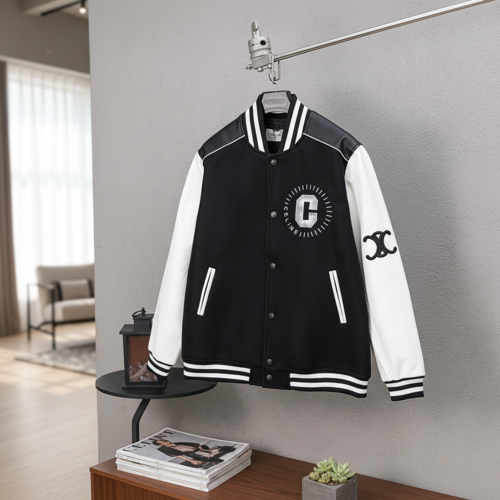 CELINE Men Varsity Jacket Black White Leather Sleeves