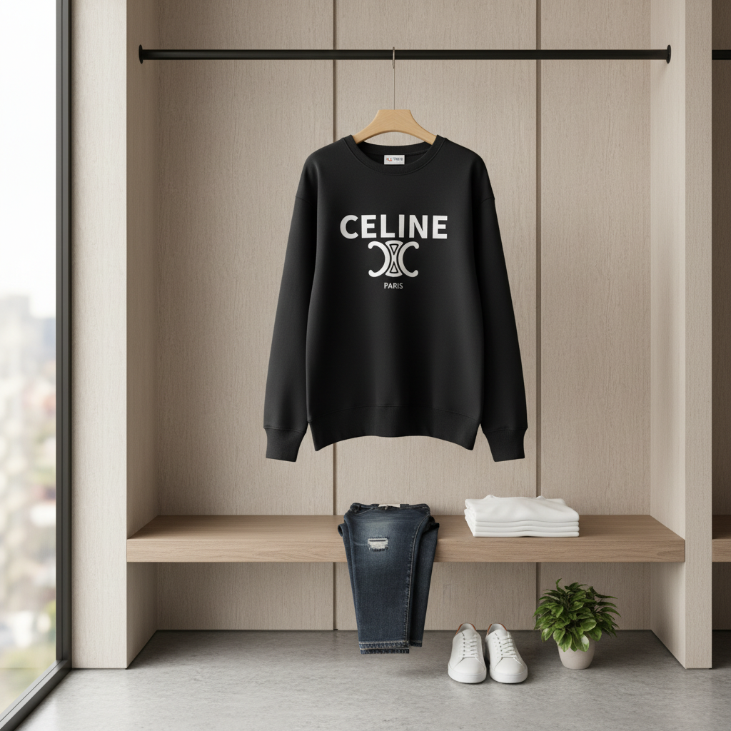 CELINE Paris Logo Black Cotton Hoodie