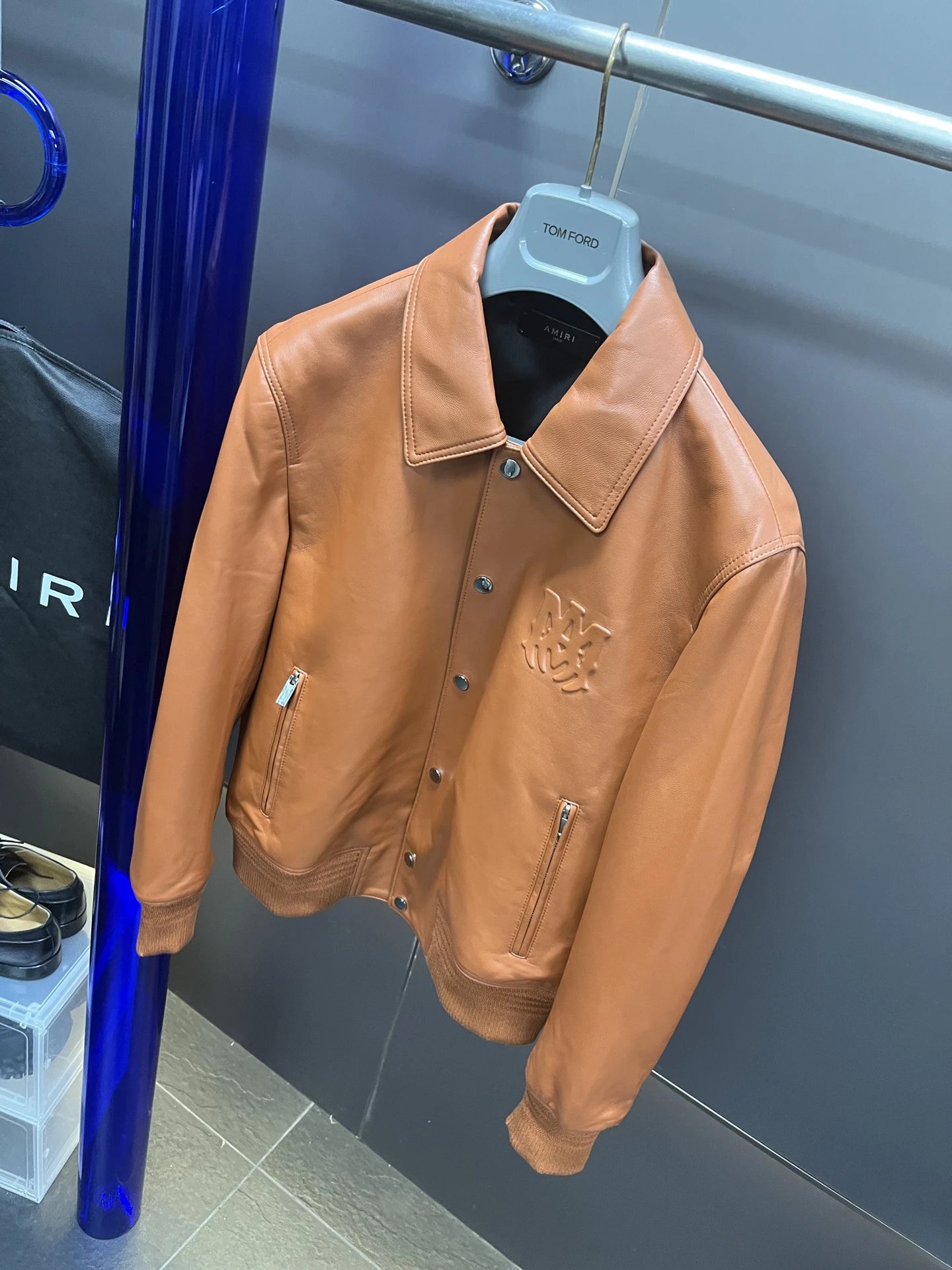 AMIRI Men’s Brown Leather Baseball Collar Jacket