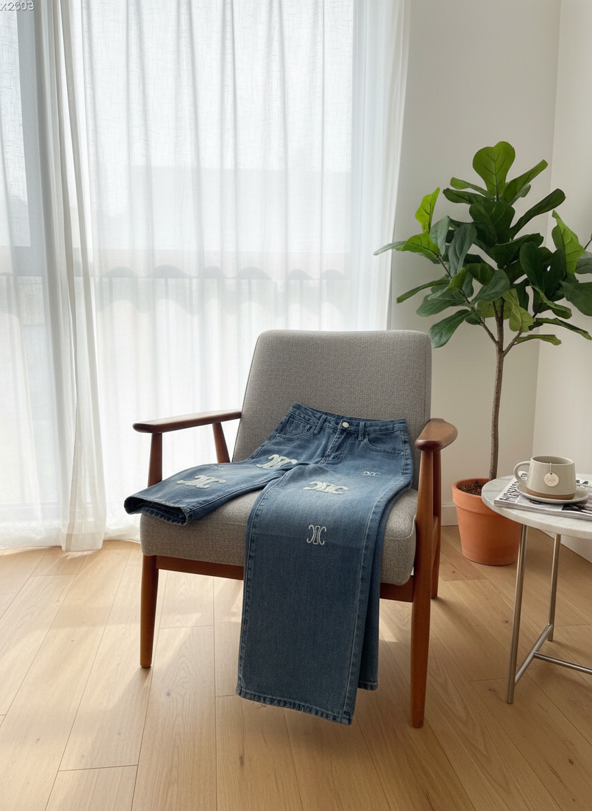 CELINE High Waist Embroidered Denim Jeans Women