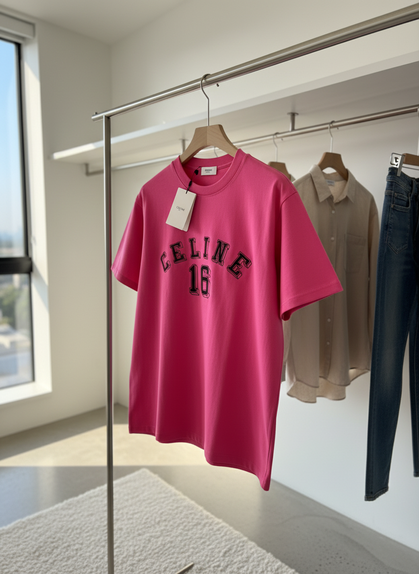 CELINE 16 Pink Logo Cotton T-Shirt Unisex Fashion Tee