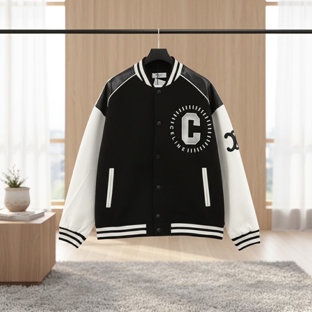 CELINE Varsity Jacket Black White Letterman Coat