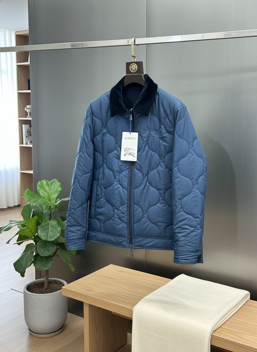 Burberry Men Quilted Jacket Navy Blue Corduroy Collar