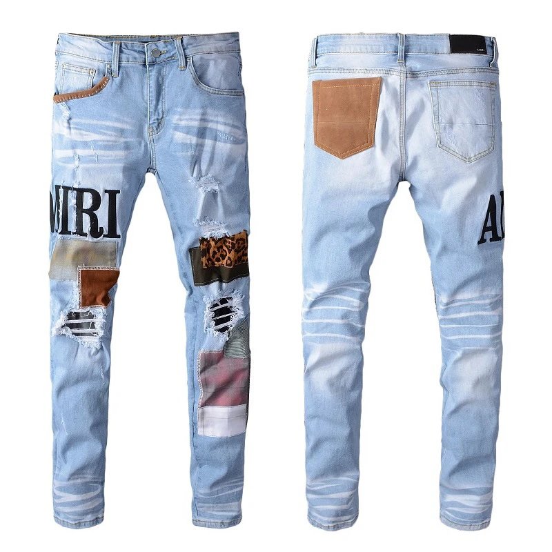 AMIRI Light Blue Patchwork Distressed Slim Fit Jeans
