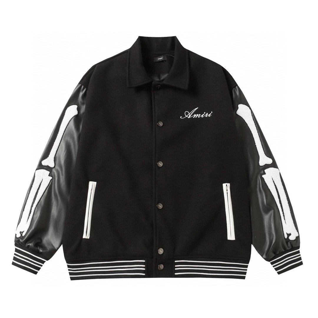 AMIRI Skeleton Black Leather Varsity Jacket Men