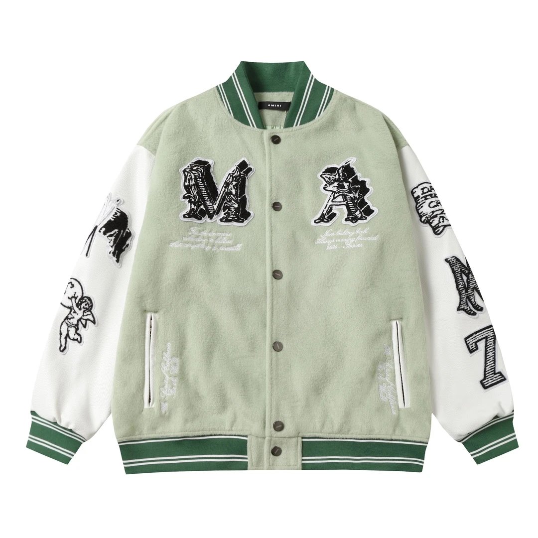 AMIRI Mint Green Varsity Jacket Men Streetwear Fashion
