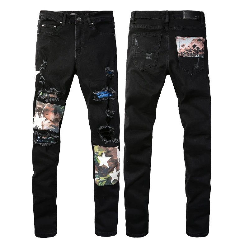 AMIRI Black Distressed Patchwork Star Skinny Jeans