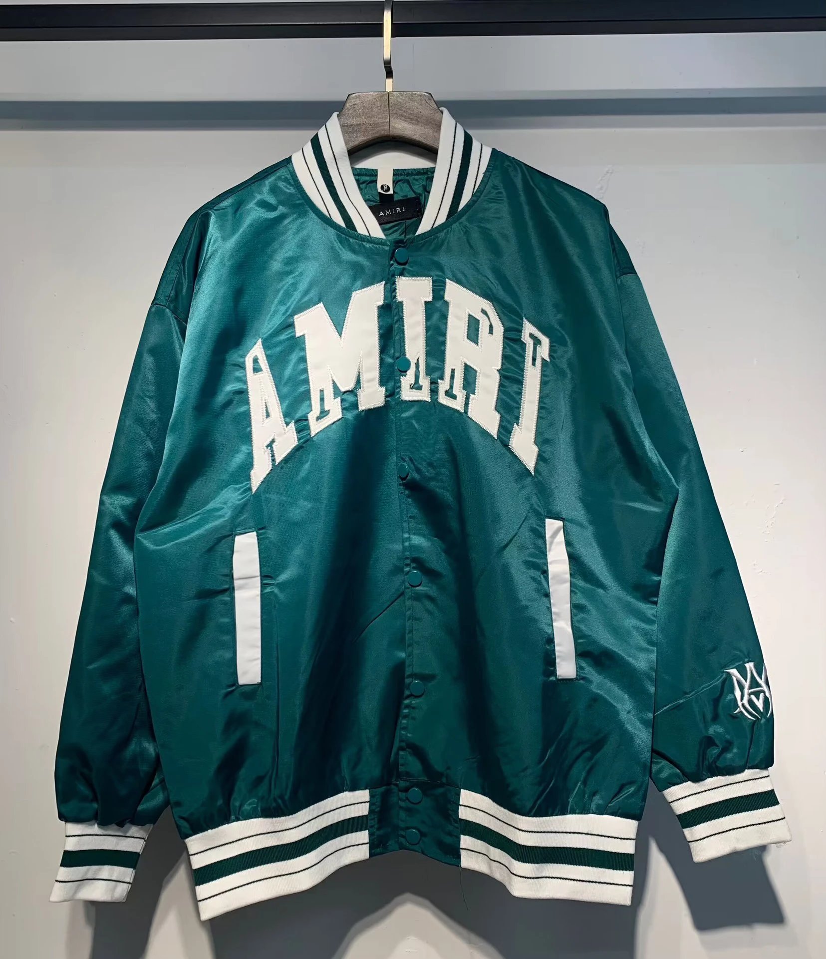 AMIRI Green Satin Varsity Bomber Jacket for Men