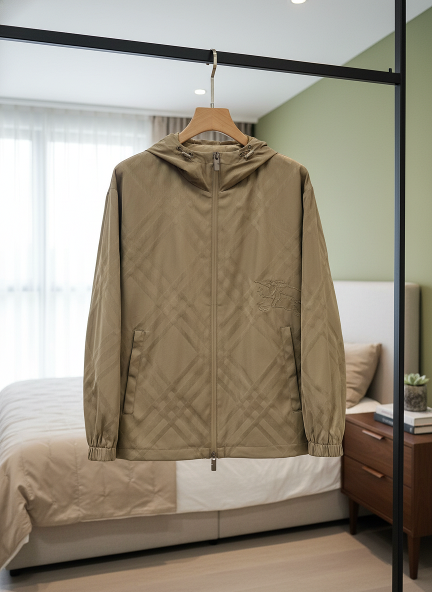 Burberry Men Khaki Hooded Check Windbreaker Jacket