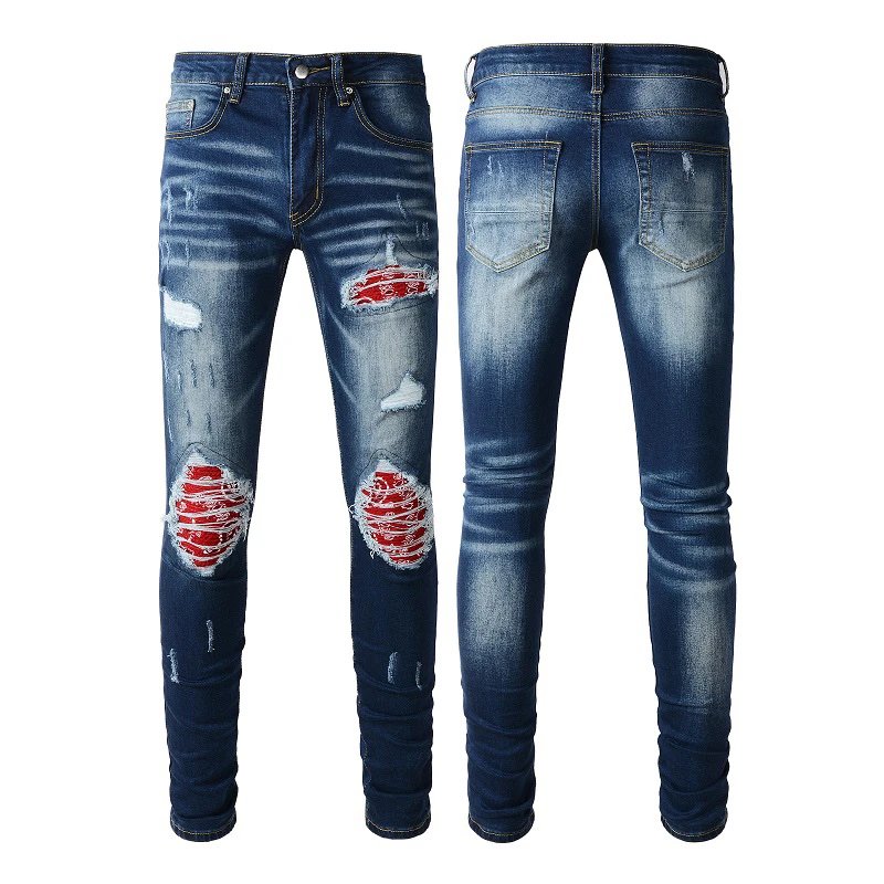 AMIRI Men Distressed Slim Jeans Red Patch Denim Pants