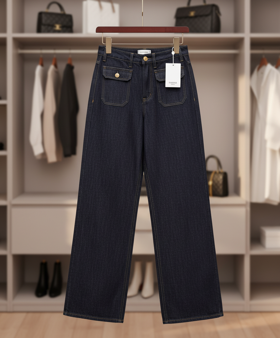 CELINE Wide Leg High Rise Dark Wash Denim Pants