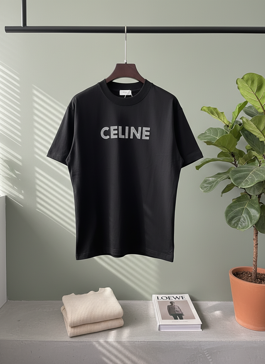 CELINE Black Logo Cotton Unisex T-Shirt