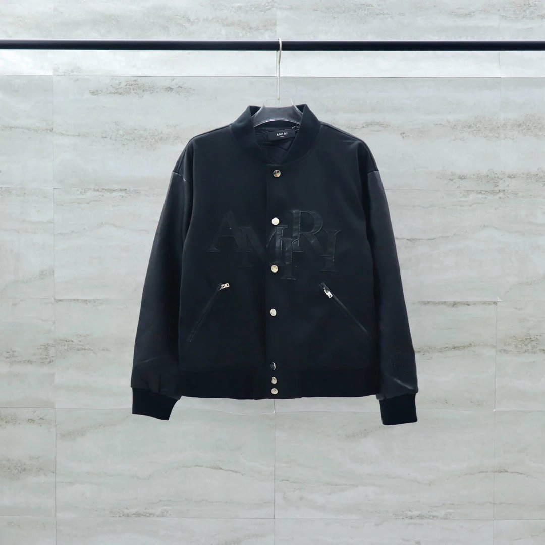 AMIRI Black Varsity Jacket Men Leather Streetwear