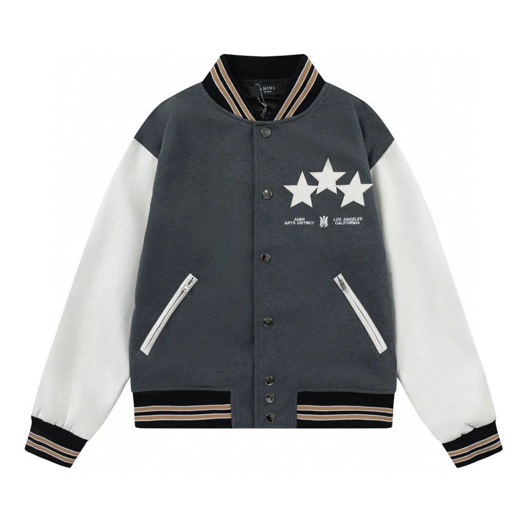 AMIRI Star Embroidery Wool Varsity Jacket White Sleeves