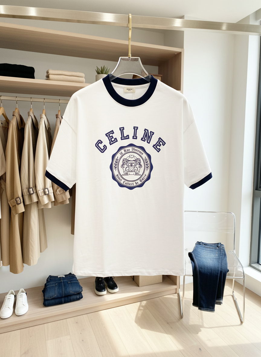 CELINE White Navy Collar Logo Print T-Shirt